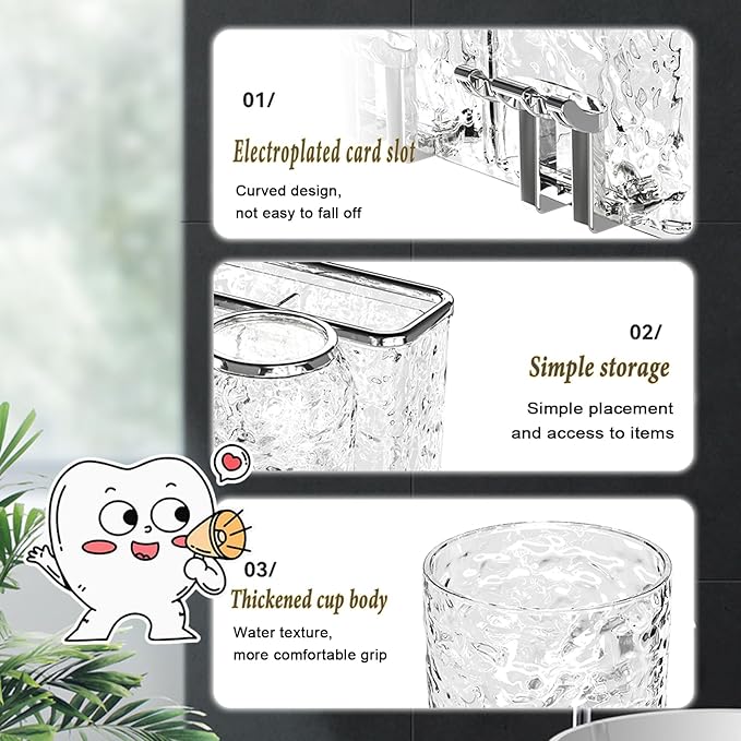 Toothbrush Holders Combo Set for Bathroom，4 Cups Toothbrush Holder Wall Mounted with Organizer，Gift 4 Count Ultra Fine Soft Bristle Crystal Tooth Brush and Wall Mounted Toothpaste Squeezer