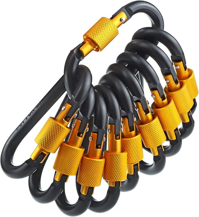 10 Pack Aluminum D Ring Key Rings Hiking Clips Locking Carabiner for Hiking Camping Fishing and Outdoor Use，Clips with Screw Gate Multicolored-StrideForce Fitness