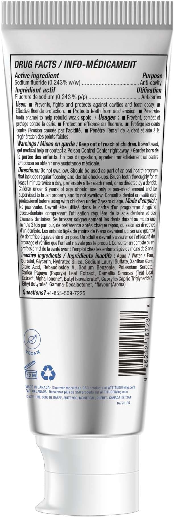 ATTITUDE Toothpaste with Fluoride, Prevents Tooth Decay and Cavities, Vegan, Cruelty-Free and Sugar-Free, Blueberry, 4.2 Oz