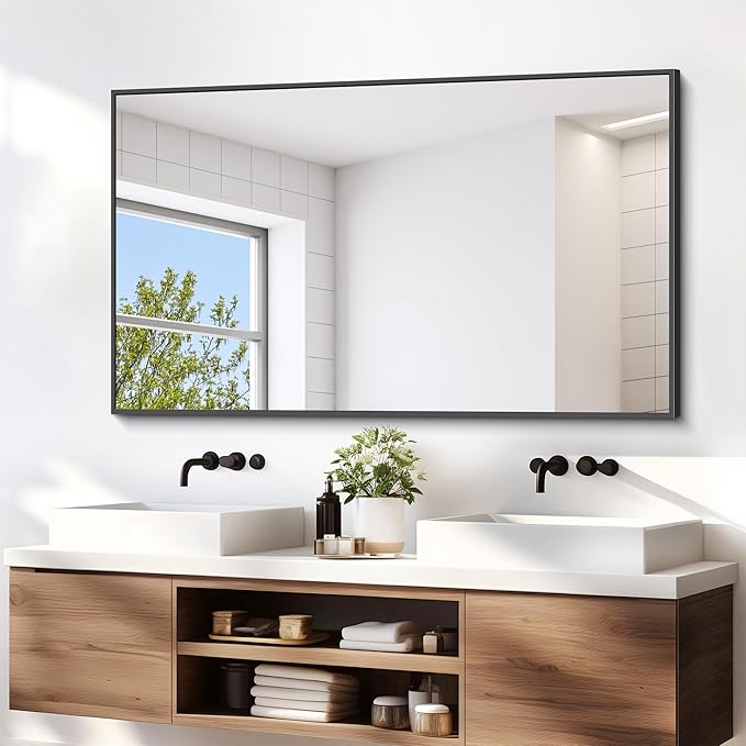 Black Bathroom Mirror for Wall, 55x36 Inch Rectangle Mirrors with Metal Frame, Modern Vanity Wall Mirror Decor for Entryway Hangs, Bathroom Living Room Horizontal or Vertical-StrideForce Fitness