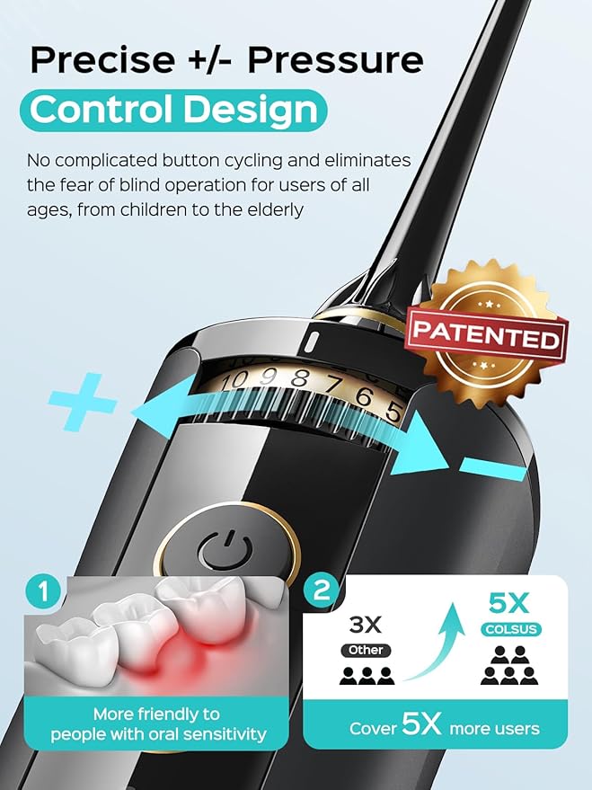 COSLUS Portable Water Flosser for Teeth: 10 Pressure Settings Professional Water Dental Pick for Orthodontic, Braces & Sensitive Gums - Cordless for Travel Use, for Adults Teens, BPA-Free, E40