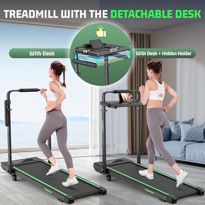 Walking Pad Treadmill with Desk Workstation, 10% Incline Foldable Treadmill with Handrail, 300lbs Capacity, 3 Control Methods, 8 in 1 Folding Treadmills for Home Office-StrideForce Fitness