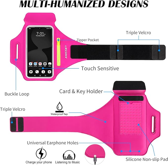 Running Armband with Earphone Bag Cell Phone Armband for iPhone 16 15 Pro 14 Plus 13 11 XR XS, Galaxy S24/S10 Water Resistant Sports Phone Holder Case & Zipper Slot Car Key Holder for 6.7 inch Phone-StrideForce Fitness