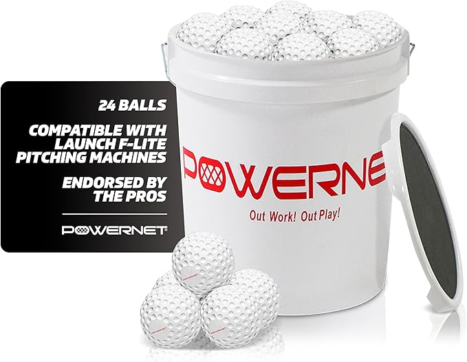 PowerNet Launch F-lite Softball & Baseball Pitching Machine, Dimpled Practice Balls, Bucket of Baseballs, Coaching Bucket Bundle for Pitching Machine, Baseball Training Equipment-StrideForce Fitness