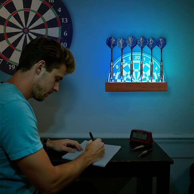 Light Up Dart Stand Wall Mount, Acrylic Wooden LED Dart Holder with Multiple Color Modes with Remote Control Holds 6 Darts, Xmas Birthday Gifts for Darts Enthusiasts-StrideForce Fitness