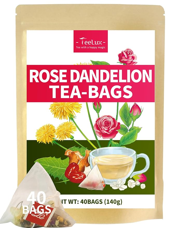 Teelux Dandelion Leaf & Root Tea with Orange Peel, Rose, Jasmine, Red Date, Caffeine Free, Mellow & Light Tarty Flavor, 40 Count