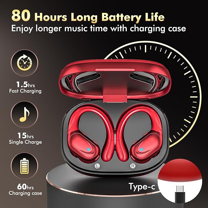 Wireless Earbuds, Sports Bluetooth Headphones, 80Hrs Playtime Ear Buds with LED Power Display, Noise Canceling Headset, IPX7 Waterproof Earphones for Workout/Running (Red)-StrideForce Fitness