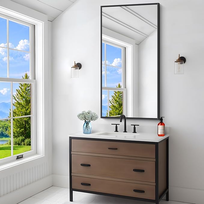Bathroom Mirror,24x48 inch Wall Mirror for Bathroom Wall Mounted Black Rectangle Square Corner Mirrors, Black Bathroom Mirror for Living Room, Farmhouse, Bedroom Entryway, Horizontal/Vertical-StrideForce Fitness