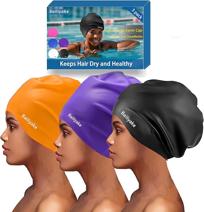 3 Pack Extra Large Swim Cap for Braids & Dreadlocks - Waterproof Silicone Swim Hat for Women with Long Thick Hair, Protective Swim Cap Cover Ears for Swimming, Shower, Bathing-StrideForce Fitness