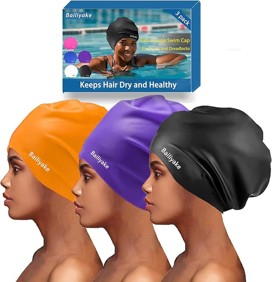 3 Pack Extra Large Swim Cap for Braids & Dreadlocks - Waterproof Silicone Swim Hat for Women with Long Thick Hair, Protective Swim Cap Cover Ears for Swimming, Shower, Bathing-StrideForce Fitness
