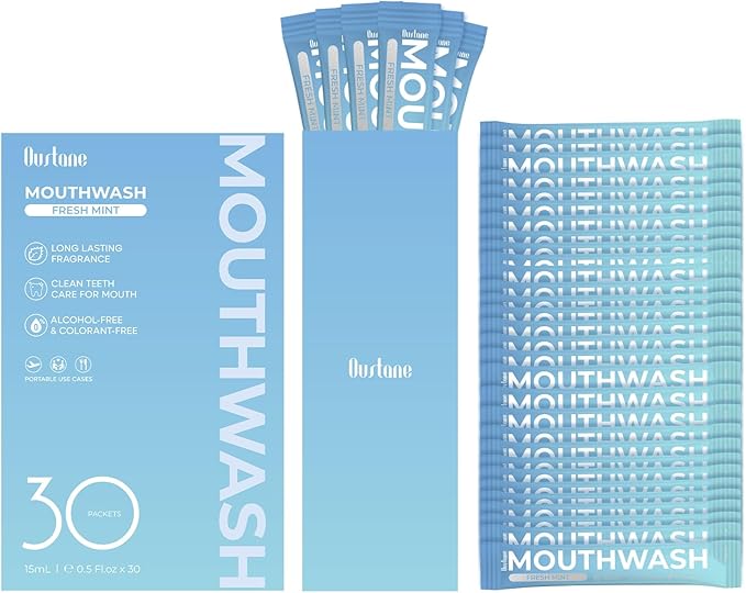 Travel Size Fresh Mint Mouthwash, Alcohol-Free, 15ml Portable Packets, Long-Lasting Freshness (30)