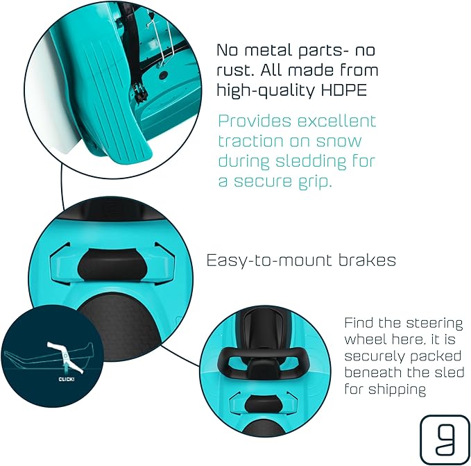 Snow Sled for Kids, Adults - Toboggan Sled, Easy Turning Steering Wheel, Anti-Slip Seat, Pull Up Brake, Durable Plastic Sled, Lightweight, Snow Sleds, Age 3+ 260 lbs-StrideForce Fitness