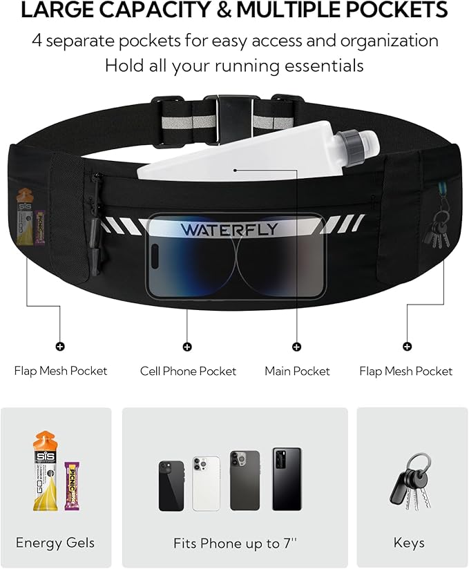 WATERFLY Running Belt Fanny Pack: Slim Breathable 4 Pocket Waist Bag for Men Women Sport Workout Exercise Fitness Phone Holder - Runner Marathon Jogging Waistband Fits ALL Phones Black-StrideForce Fitness