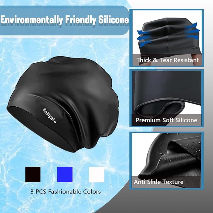 3 Pack Extra Large Swim Cap for Braids & Dreadlocks - Waterproof Silicone Swim Hat for Women with Long Thick Hair, Protective Swim Cap Cover Ears for Swimming, Shower, Bathing-StrideForce Fitness