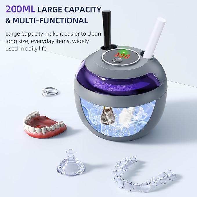 Ultrasonic Retainer Cleaner, Retainer Cleaner Machine for Dentures, Mouth Guards, Braces, Toothbrush Heads, Jewelry with 200ML Capacity, 45kHz Retainer Cleaning, 4 Modes for Appliances (Grey)