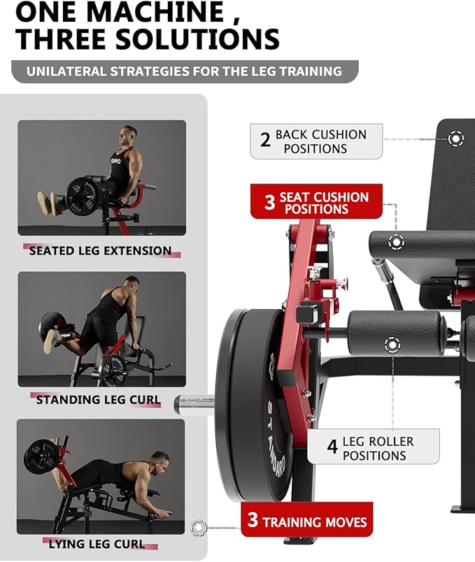 GMWD Leg Extension and Curl Machine, Single Leg Extension, Lying Leg Curl, Standing Leg Curl, Adjustable Leg Exercise Bench with Plate Loaded, Leg Machine Home Gym, Red-StrideForce Fitness