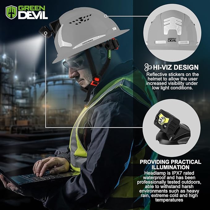 GREEN DEVIL Matrix Full Brim Hard Hat with Headlight Vented Construction Safety Helmet OSHA Approved Cascos De Construccion Work Hardhat for Men&Women-StrideForce Fitness