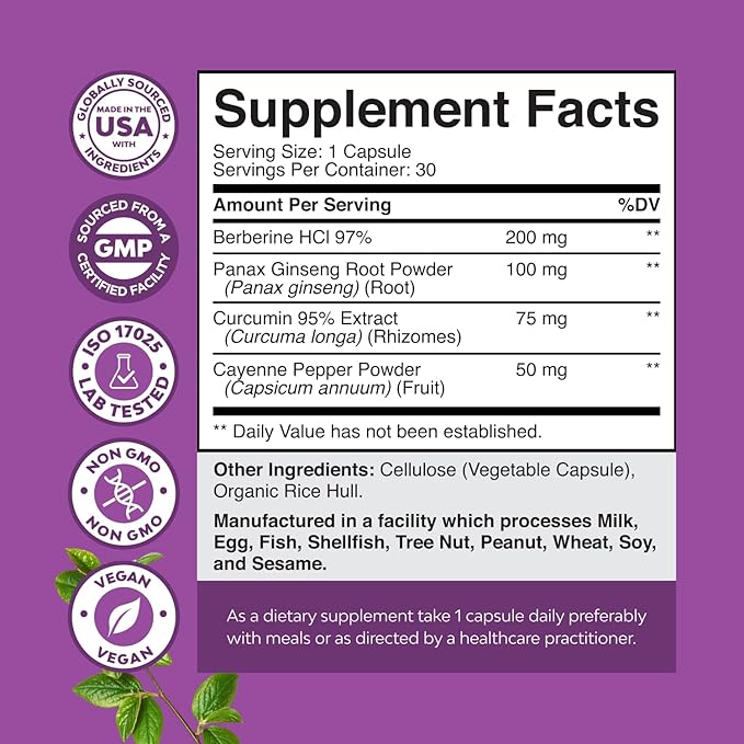 GLP-1 Berberine Supplement - One a Day Healthy Gut Berberine Complex with Panax Ginseng Turmeric Curcumin & Cayenne Pepper for Metabolic Balance - Gluten Free Vegan and Non-GMO (1 Month Supply)-StrideForce Fitness