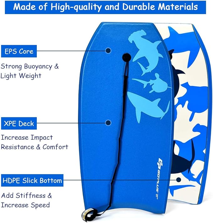Goplus 41''/37''/33'' Lightweight Body Board for Beach, Surf Board with EPS Core, XPE Deck, HDPE Slick Bottom, Wrist Leash, Bodyboard for Kids Adults Surfing-StrideForce Fitness