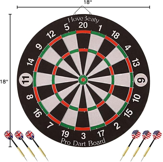 Dart Board, Dart Game Set with 6 Metal Darts and Double-Sided Flocking Dartboard (18 Inches)-StrideForce Fitness