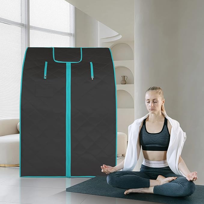 Smartmak Far Infrared Sauna, Full Body One Person Portable SPA Set with Time & Tempreture Remote Control, Heating Foot Pad and Foldable Reinforced Chair (L 27.6’’ x W 31.5’’ x H 37.8’’) - Black-StrideForce Fitness