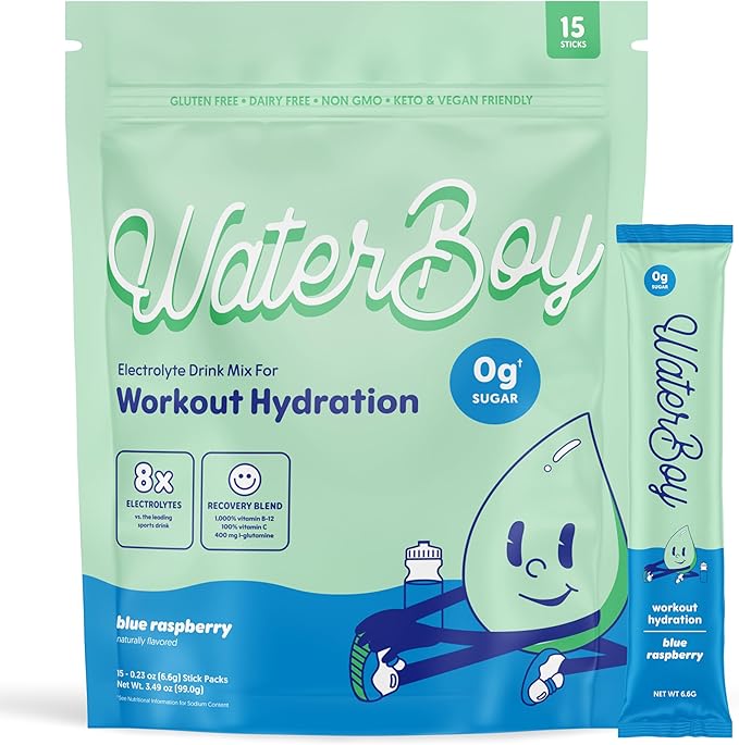Waterboy Workout Hydration | 2,960mg Sugar Free Electrolyte Powder Packets | L-Glutamine + Vitamins | No Sugar, All Natural, Gluten Free | 15 Drink Stick Mixes (Blue Raspberry)-StrideForce Fitness