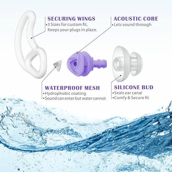Hearprotek [2 Pairs] Swimmer Ear Plugs, Custom-fit Water Protection Adult Swimming earplugs for Swimmers Pool Shower Bathing and Other Water Sports (Purple)-StrideForce Fitness