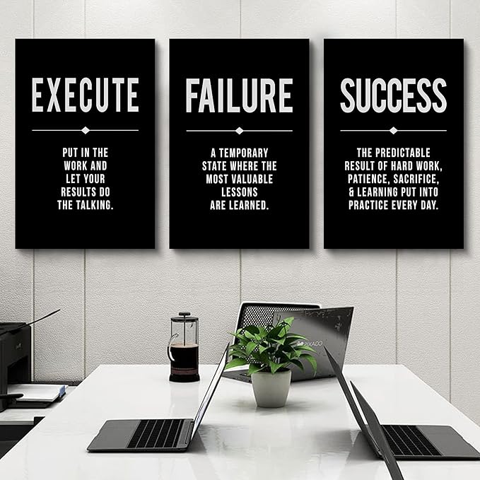 Framed Canvas Wall Art Success Quote, Office Wall Art, Black Large Poster, Positive Motivational Set of 3 Prints, Execute Failure Definition, Inspirational Print (A-3pcs,24x36inchx3pcs)-StrideForce Fitness