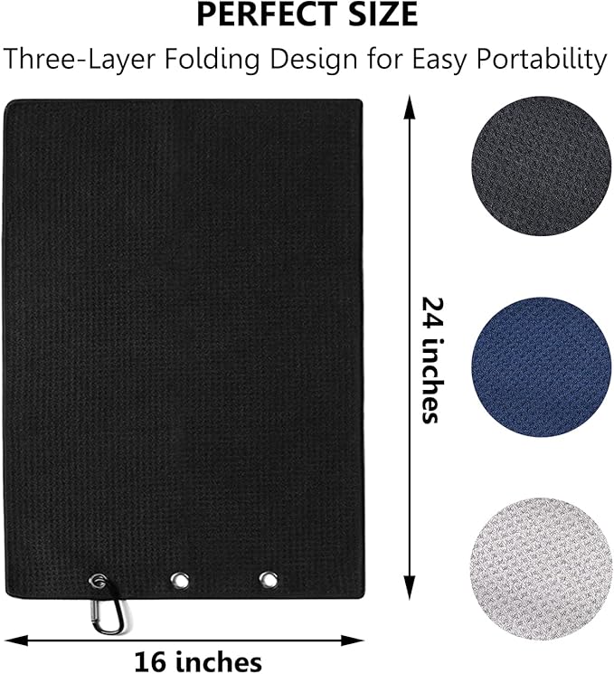 3 Pack Large Golf Towels, 16" x 24" Tri-Fold Portable Microfiber Fabric Waffle Pattern Golf Towel for Golf Bag with Carabiner Clip to Quickly Remove Sand, Mud, Dirt and Sweat-StrideForce Fitness