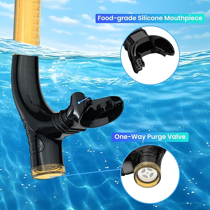 Swimmer's Snorkel for Lap Swimming, Adult Snorkeling Gear Swim Training, Center-Mount Silicone Mouthpiece One-Way Purge Valve in Pool and Open Water-StrideForce Fitness