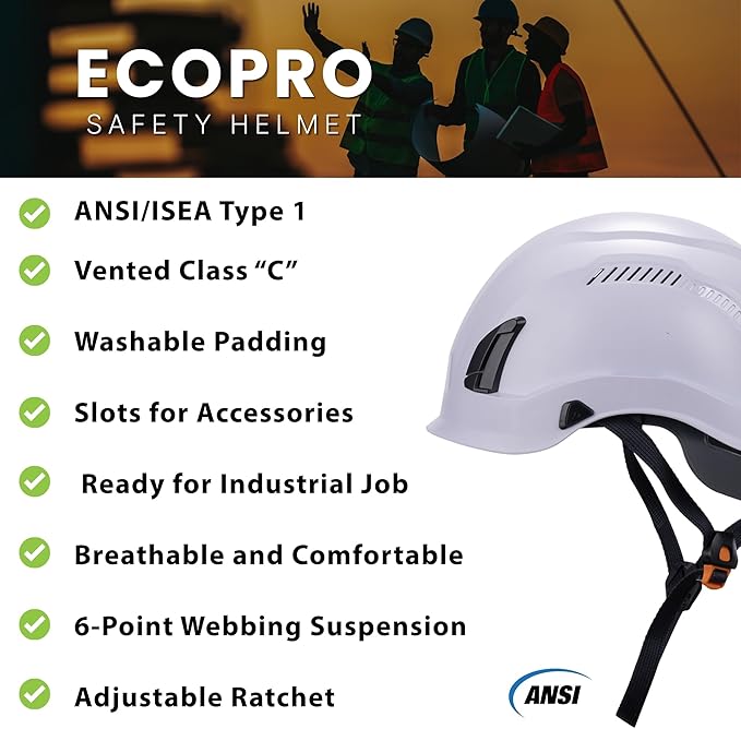 Land Helmets EcoPro Safety Helmet - ANSI/ISEA Z89.1-201 Type 1 Class C Vented - OSHA Approved - Lightweight Helmet with 6 Pt Suspension for Arborist, Industrial & Fall Protection-StrideForce Fitness