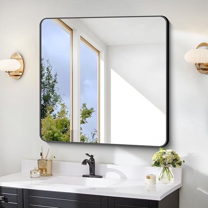 FORBATH Bathroom Mirror 30" x 30", Large Square Wall Mirror with Black Aluminum Frame Rounded Corner, Wall Mounted Mirror for Bathroom Bedroom Entryway Living Room-StrideForce Fitness