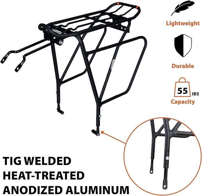 Ibera Bike Rack - Bicycle Touring Carrier Plus+ for Disc Brake/Non-Disc Brake Mount, Fat Tire Bikes, Frame-Mounted for Heavier Top & Side Loads, Height Adjustable for 26"-29" Frames-StrideForce Fitness