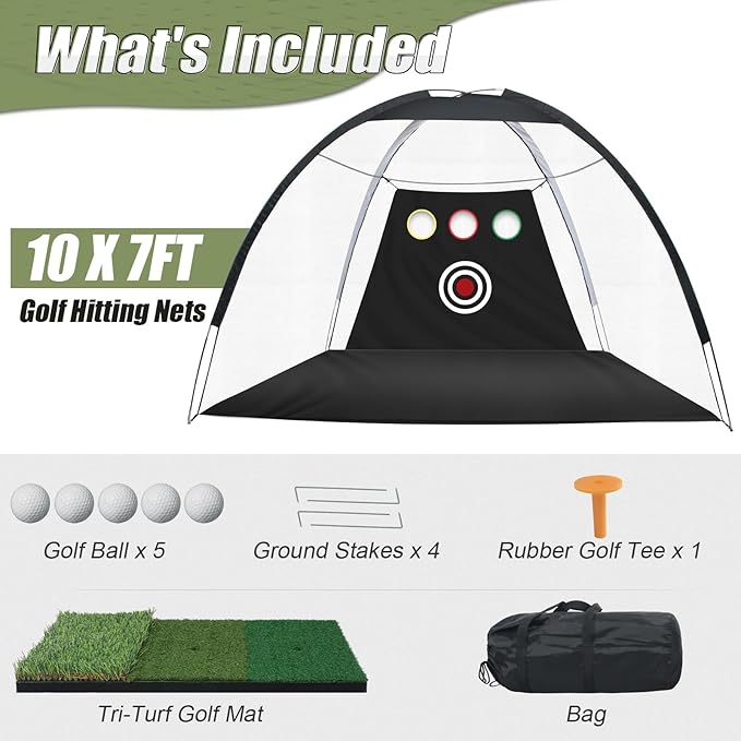 10x7FT Golf Practice Net for Backyard Indoor Outdoor Training, Golf Hitting Net with 3-Color Turf Mat, 5 Golf Balls and Tee, Perfect for Driving, Chipping and Swing Practice-StrideForce Fitness