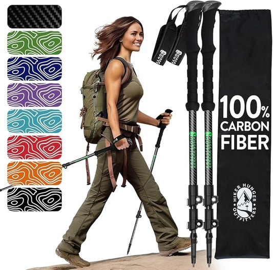 100% Carbon Fiber Trekking Poles by USA Brand - Ultra Strong Lightweight Collapsible Hiking Poles with Cork and EVA Foam Grips & Quick Adjustable Flip Locks-StrideForce Fitness