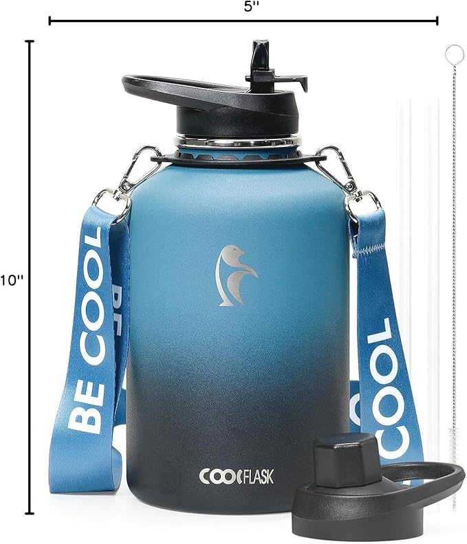 Coolflask 64 oz Water Bottle Insulated with Strap, Half Gallon Water Jug Stainless Steel with Straw & Spout Lids, Metal Large Water Flask, Keep Cold 48h Hot 24h, Leak Proof & Non-BPA, Prussian Blue-StrideForce Fitness