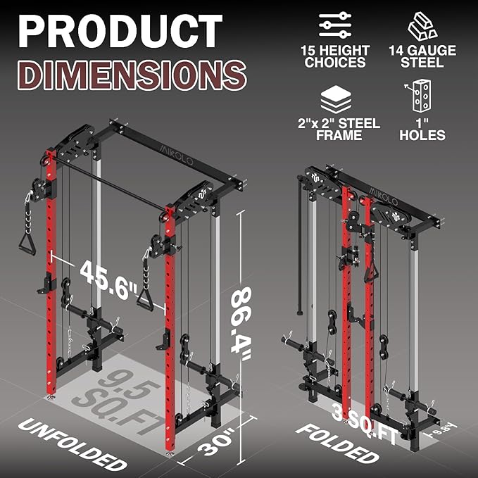 Mikolo Folding Squat Rack, Wall Mounted Power Rack with Cable Crossover Machine & LAT Pull Down, Functional Trainer with 5 Adjustable Function Modes, for Home Gym and Space Saving-StrideForce Fitness