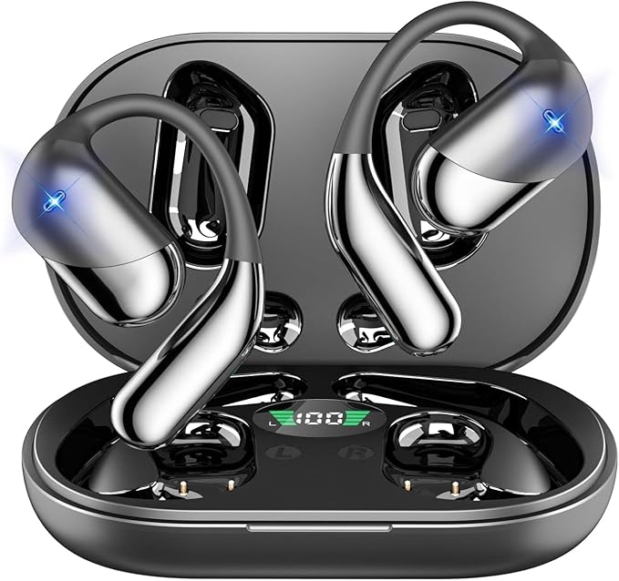 Open Ear Clip Wireless Earbuds Bone Conduction Headphones, Bluetooth 5.4, Open Ear Design for Running Fitness,office，Built-in Mic, IPX7 Waterproof, LED Display Charging Case,Ear Hooks Ear Buds-StrideForce Fitness