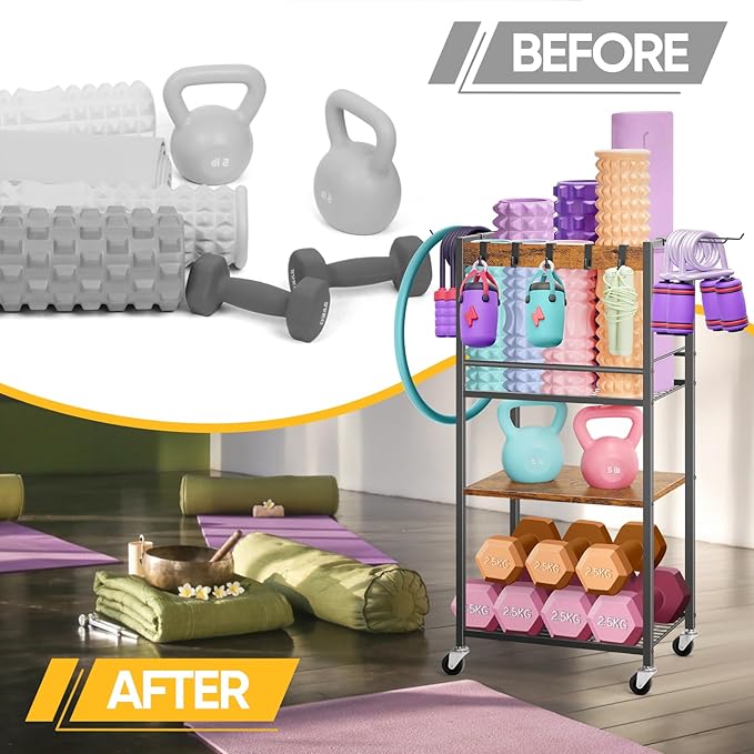 Home Gym Storage Rack, Heavy Duty Yoga Mat Holder Workout Equipment Storage Organizer Weight Rack with Hooks & Wheels for Dumbbells Kettlebells Dumbbell Yoga Block Foam Rollers Yoga Strap Resistance Bands, Fitness Exercise Equipment-StrideForce Fitness