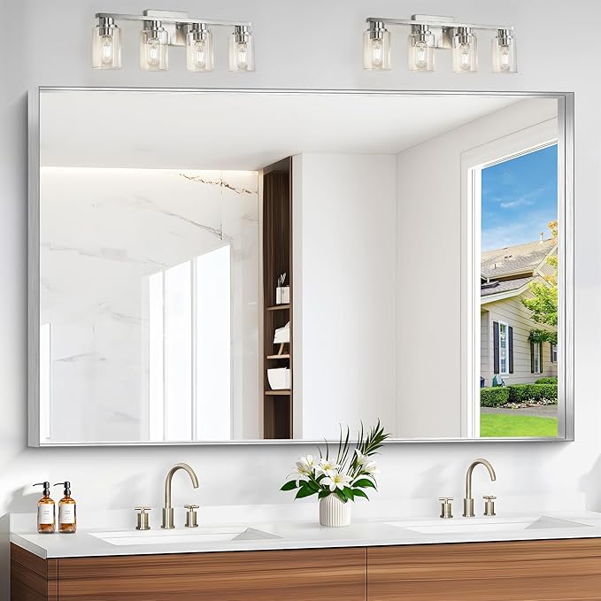 Silver Bathroom Mirror, 60x40 Inch Rectangular Framed Mirror, Large Wall Mounted Bathroom Vanity Mirror Over Sink for Bedroom,Restroom, Living Room, Hangs Vertically or Horizontally-StrideForce Fitness