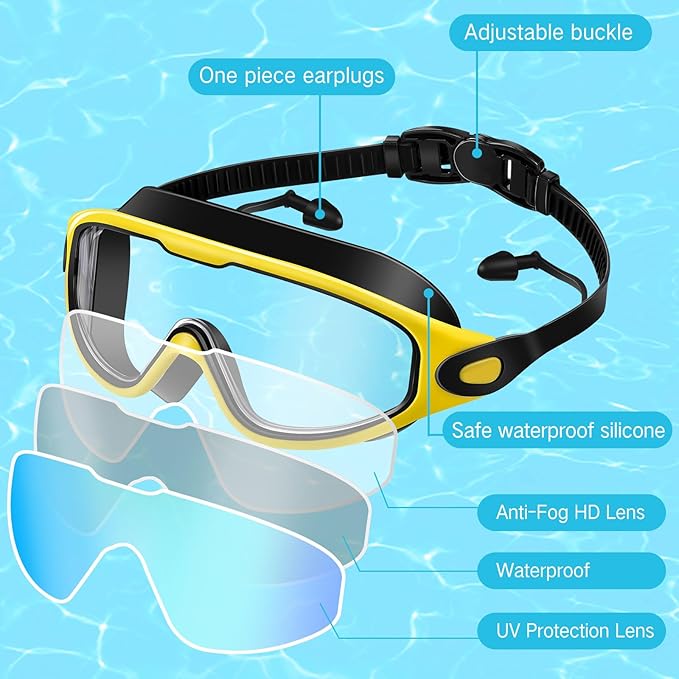 Kanayu 6 Pieces Swimming Goggles Wide View No Leaking Anti Fog Adult Swim Goggles with Earplugs Nose Clip for Adult Men Women-StrideForce Fitness
