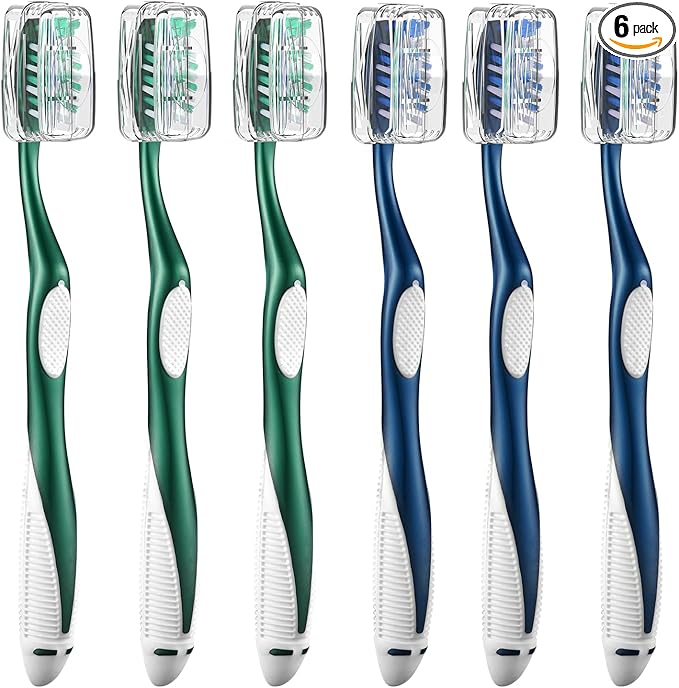 Extra Firm Toothbrushes with Covers for Adults, Cross Extra Hard Bristles, with Built in Tongue Scraper, 6 Count
