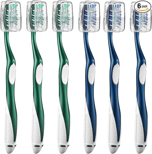 Extra Firm Toothbrushes with Covers for Adults, Cross Extra Hard Bristles, with Built in Tongue Scraper, 6 Count