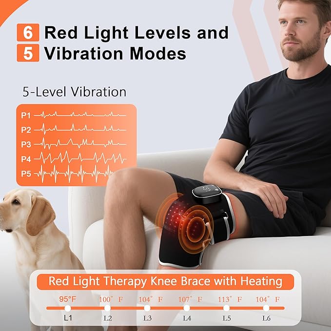 RAYOCON Red Light Therapy for Knee:Knee Massager with 6 Heat and 5 Vibration Infrared Red Light Therapy for Body Pain Relief Cordless Rechargeable Infrared Light Therapy Heated Knee Brace-StrideForce Fitness