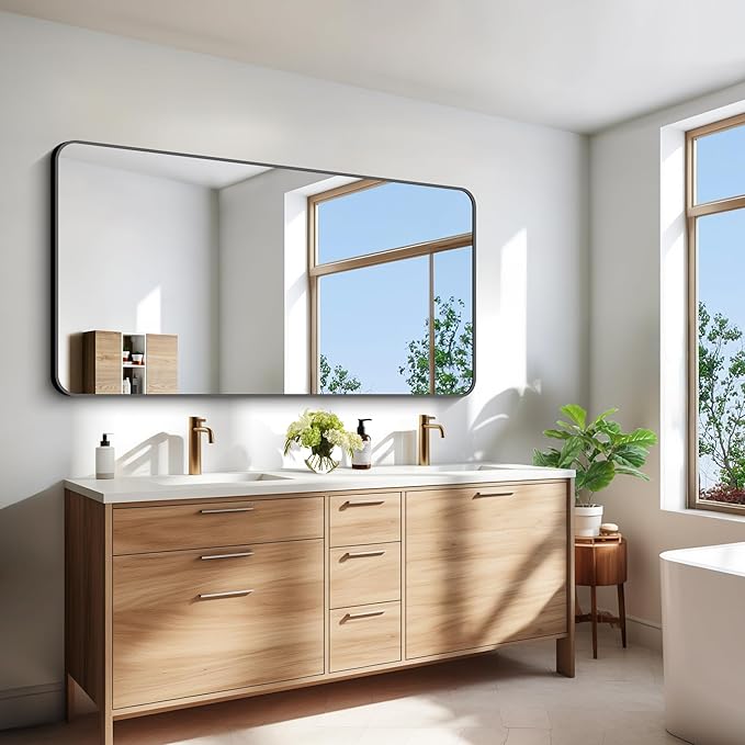 30x60 inch Bathroom Mirror,Black Rectangle Mirror,Wall Mounted Bathroom Frame Vanity Mirror with Round Corner for Bedroom Living Room, Entryway Hangs Horizontal or Vertical-StrideForce Fitness