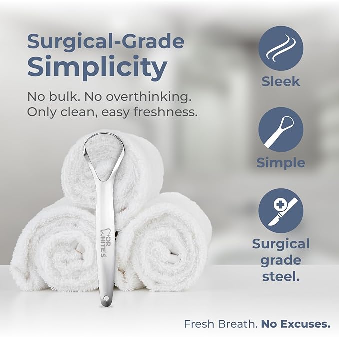 Dr. White’s Precision Tongue Care™ Collection – Single Grip Tongue Cleaner, Premium 420 Surgical-Grade Stainless Steel Tool for Daily Oral Care