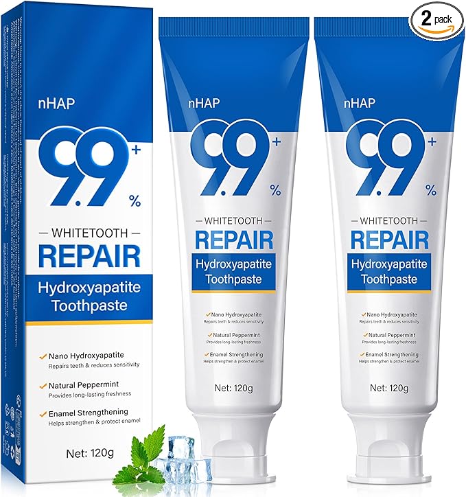 Hydroxyapatite Toothpaste 9.9%, 2PCS Nano Hydroxyapatite Toothpaste (Fluoride Free) for Enamel Protection and Tooth Strengthening –Gentle Mint, Fresh Breath, Daily Use for Oral Care