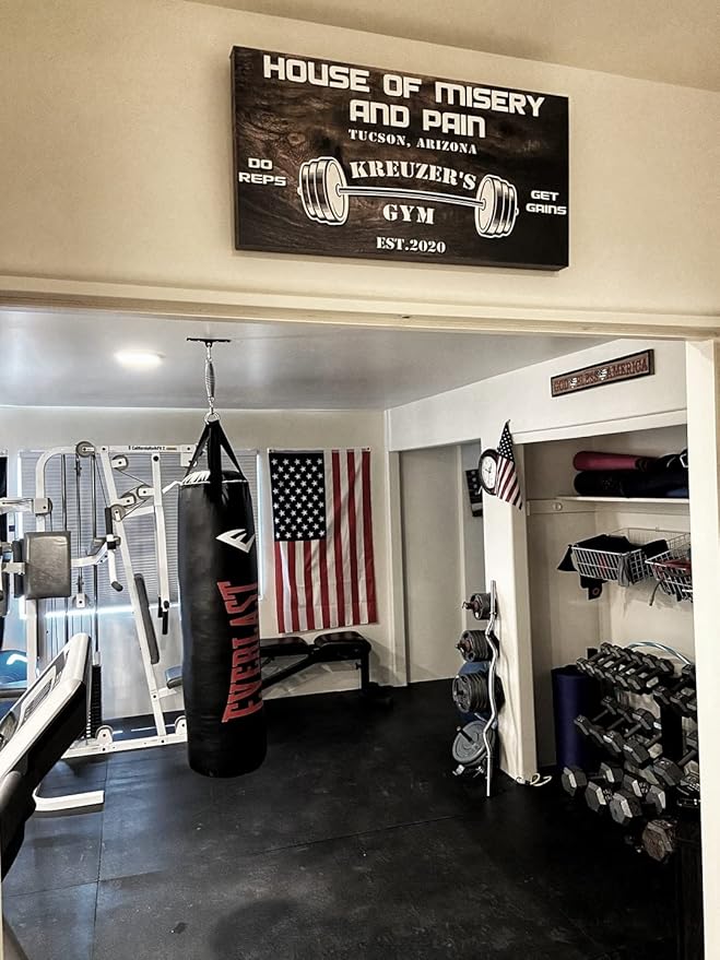 Tailored Canvases Personalized Gym Sign Wall Art Decor - Motivational Canvas for Home Gym, Workout Room, Garage, Fitness Center - Workout Inspirational Posters - House of Misery and Pain, Wooden 48x16in-StrideForce Fitness