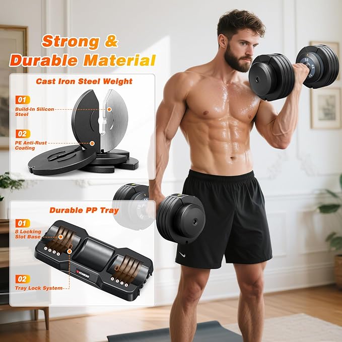 XDDIAS Adjustable Dumbbell Set of 2, 25/55/80LB Dumbbell Set-1Sec Adjustable Weights-5/10 in 1 Free Weights Dumbbells Set with Effortless Tray/No-Slip Handle-Compact Size for Women/Men at Home Gym-StrideForce Fitness