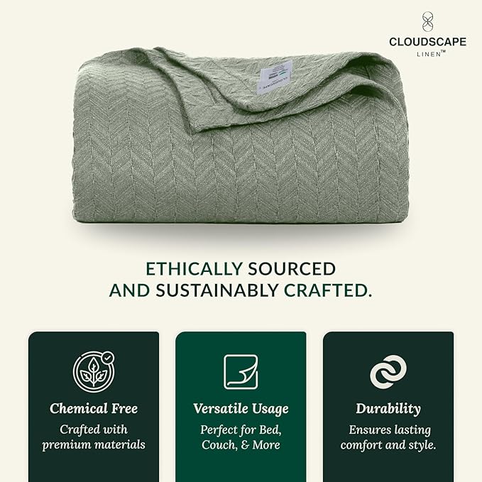 Cloud Scape Linen 100% Cotton Queen Size Blanket, Herringbone Pattern, Lightweight Summer Blanket,Best Gifts for Women, fits Full Size Bed, 92 x 92, Olive Green-StrideForce Fitness